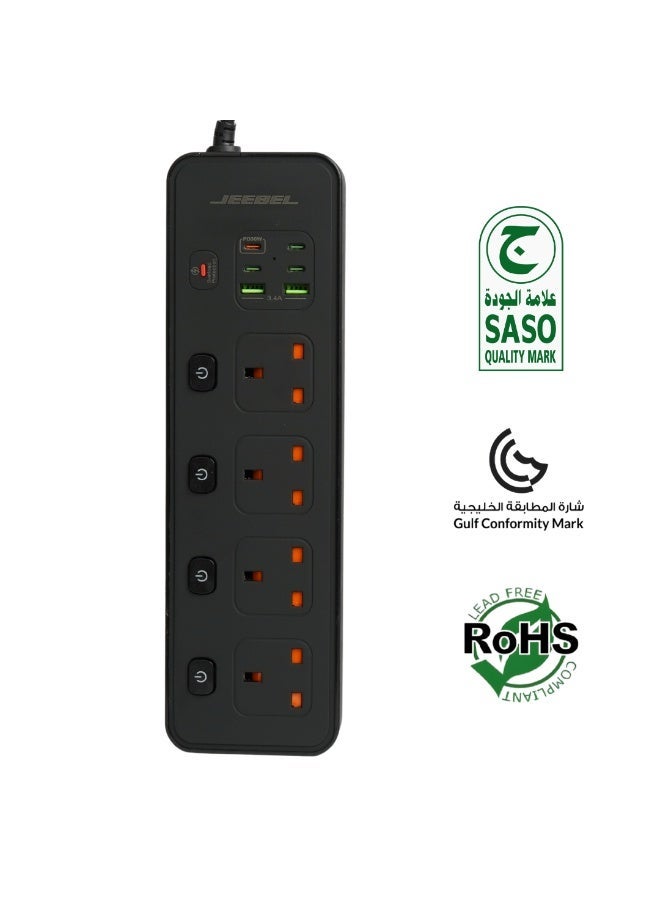 جيبيل توصيلة كهرباء فولتكس جيبيل | بقدرة 3250 واط 4 مقابس UK مستقلة + 2 USB + 4 USB-C PD طول السلك 3 متر – حماية متقدمة – معتمدة SASO - Image 1